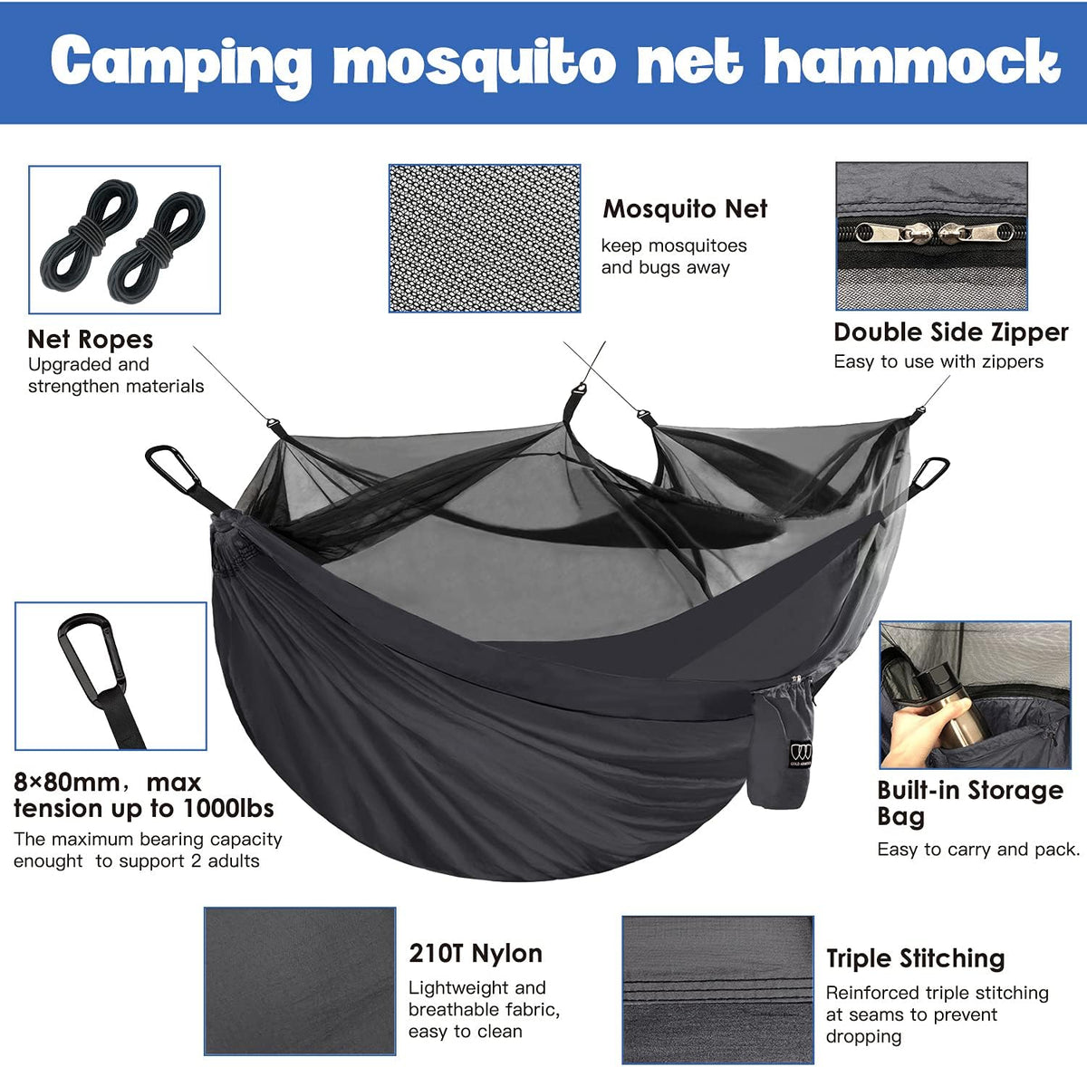The Hideout Camping Hammock – Double Hammock with Bug Net