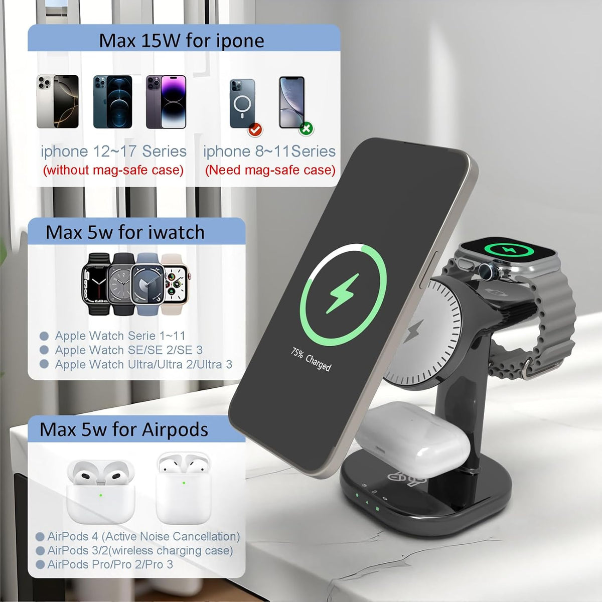 The Trio Charging Station – 3-In-1 Wireless Charger for Phone, Watch & Earbuds
