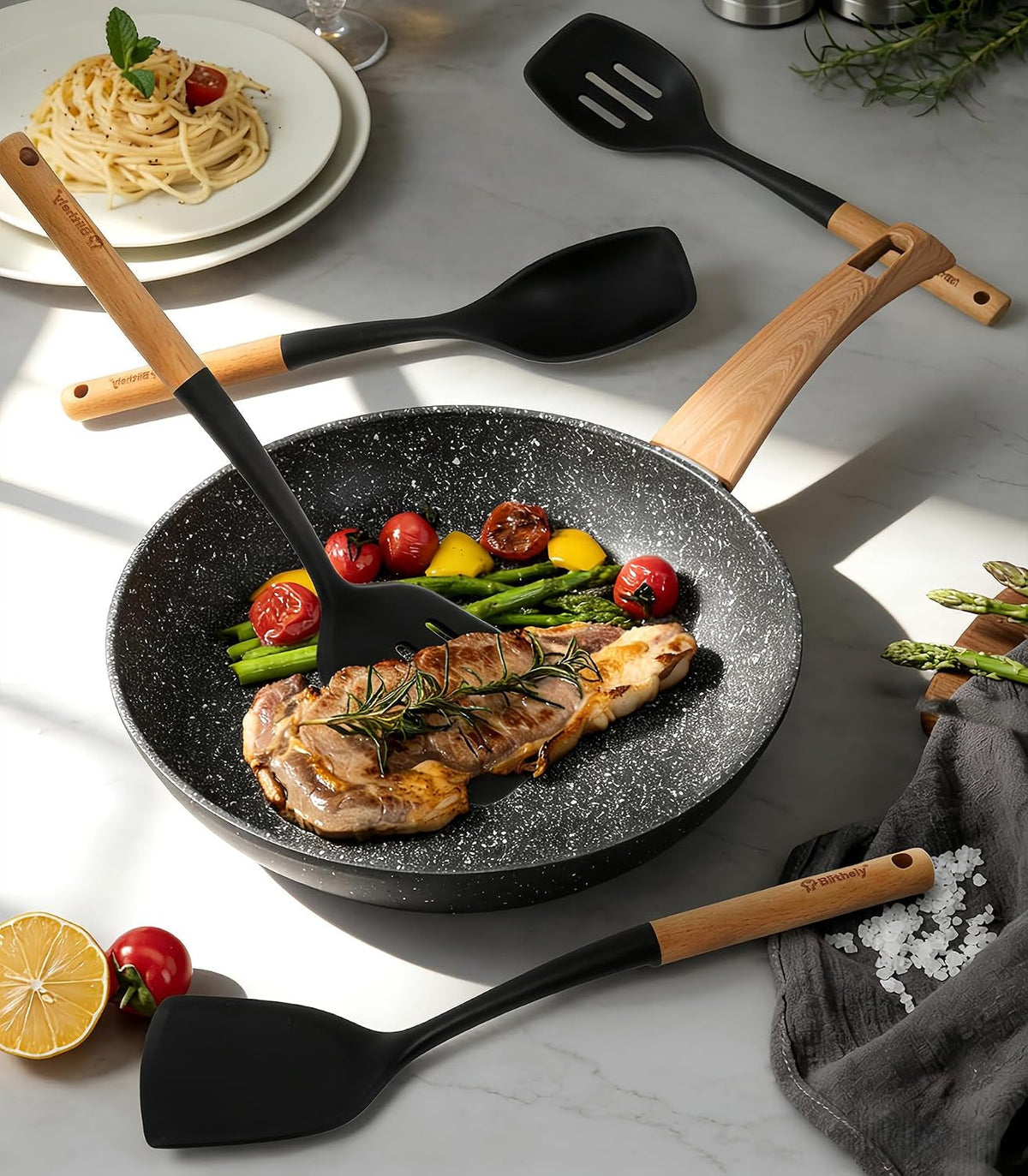Silicone utensils cooking in a pan